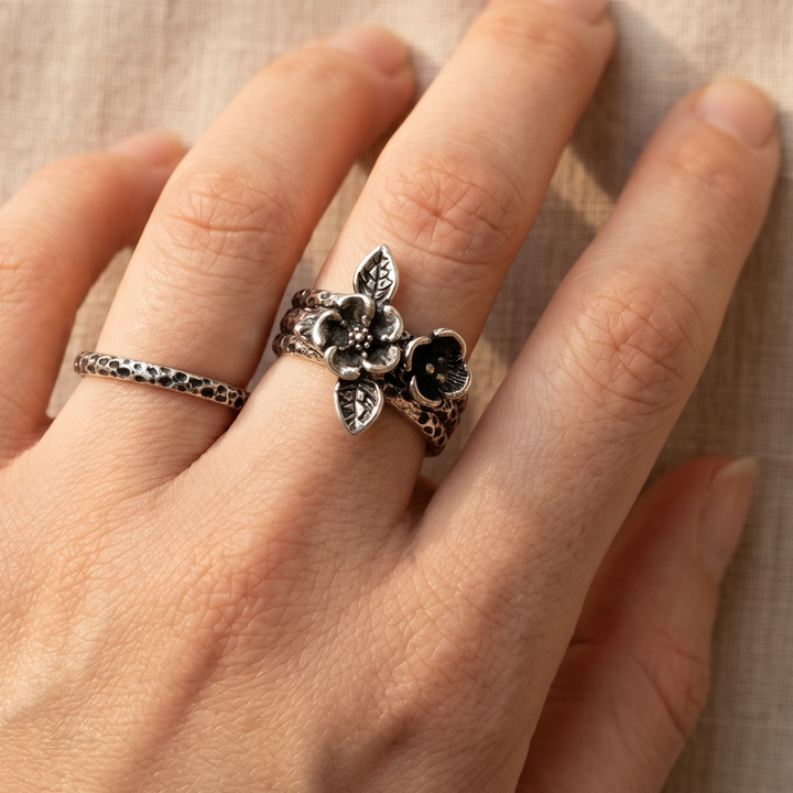 Vintage Floral Silver Stacked Ring