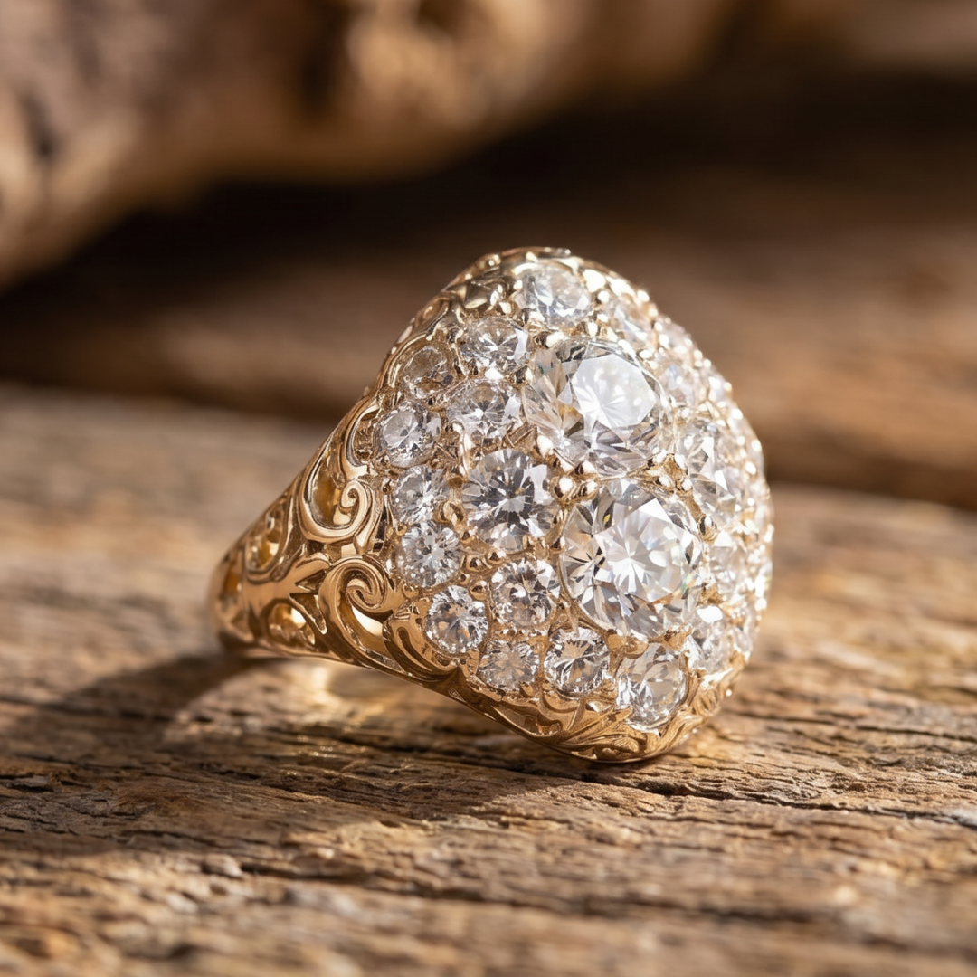 Antique gold ring adorned with round diamonds