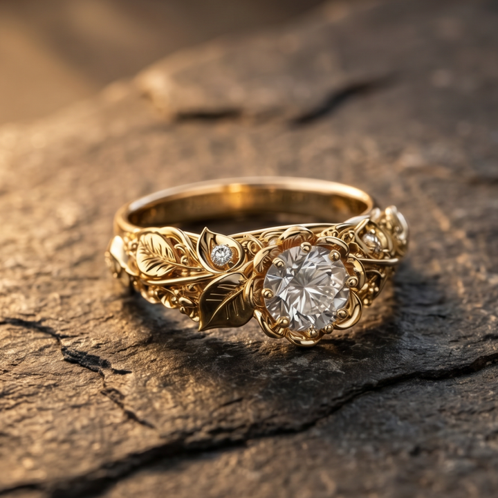 Zirconia Ring Adorned with a Golden Leaf Design