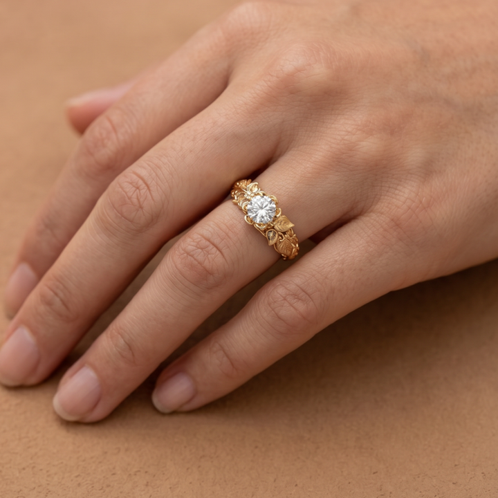 Zirconia Band Featuring a Golden Leaf Motif