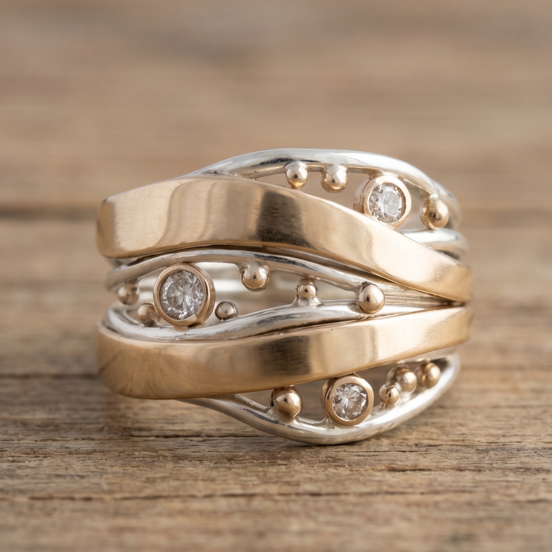 Vintage Wave-Style Gold Zirconia Ring