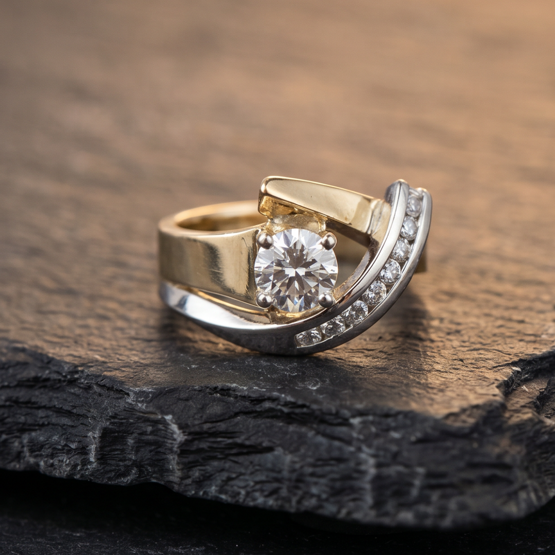 Vintage Asymmetrical Gold and Silver Zirconia Ring
