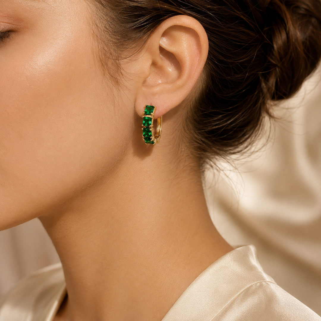 Emerald and Gold Bold Hoop Earrings