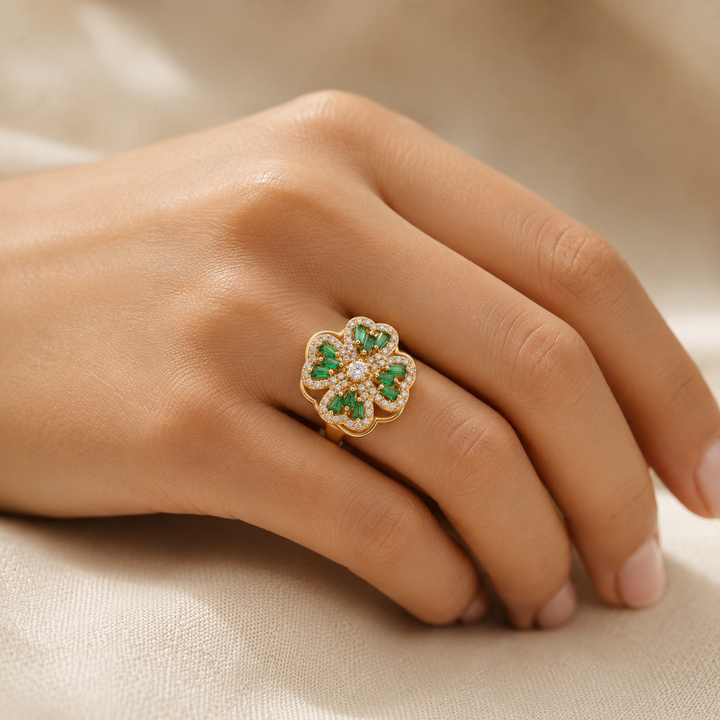 Emerald Floral Design Gold Ring