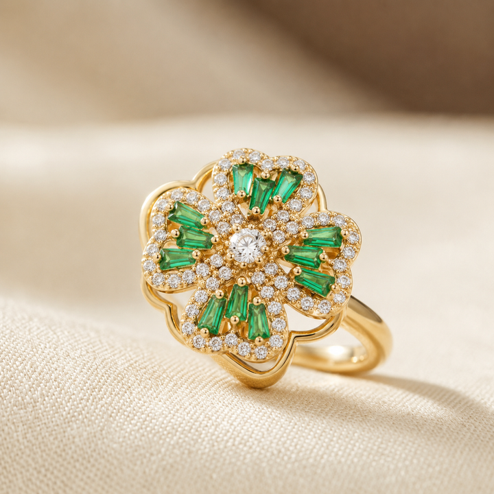 Emerald Floral Design Gold Ring