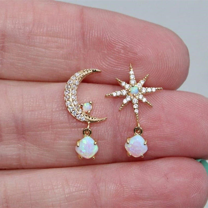 Celestial Opal Gold Earrings with Lunar Design
