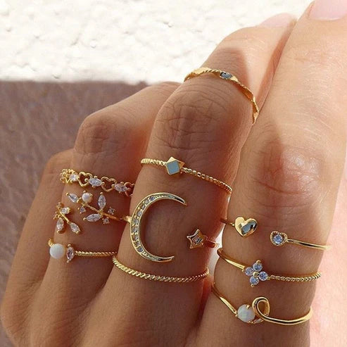 Set of 10 Bohemian Silver and Gold Tone Rings