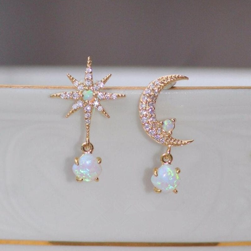 Celestial Opal Gold Earrings with Lunar Design