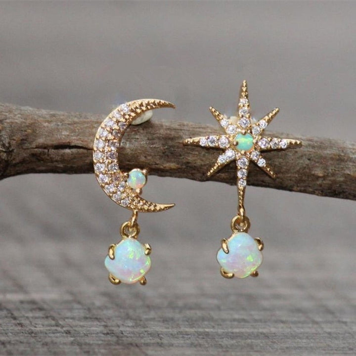 Celestial Opal Gold Earrings with Lunar Design