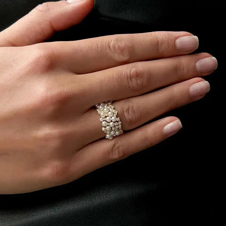 Vintage Adjustable Ring with Pearls and Zirconia