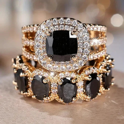 Golden Ring Set with Black Zirconia