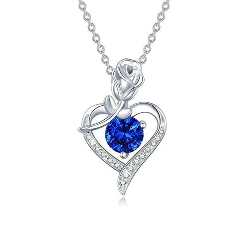 Heart-Shaped Sapphire Rose Pendant Necklace