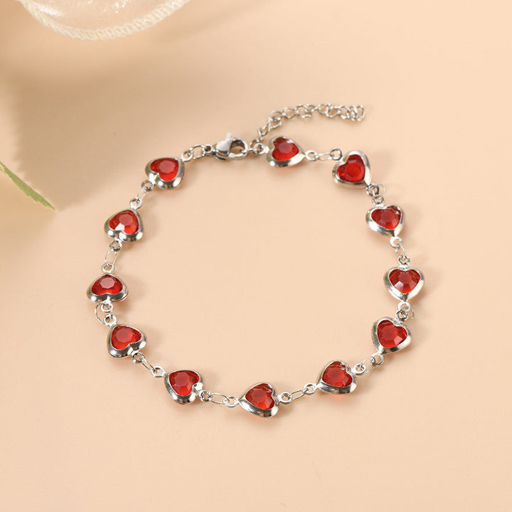 Ruby Heart Charm on Silver Chain Bracelet