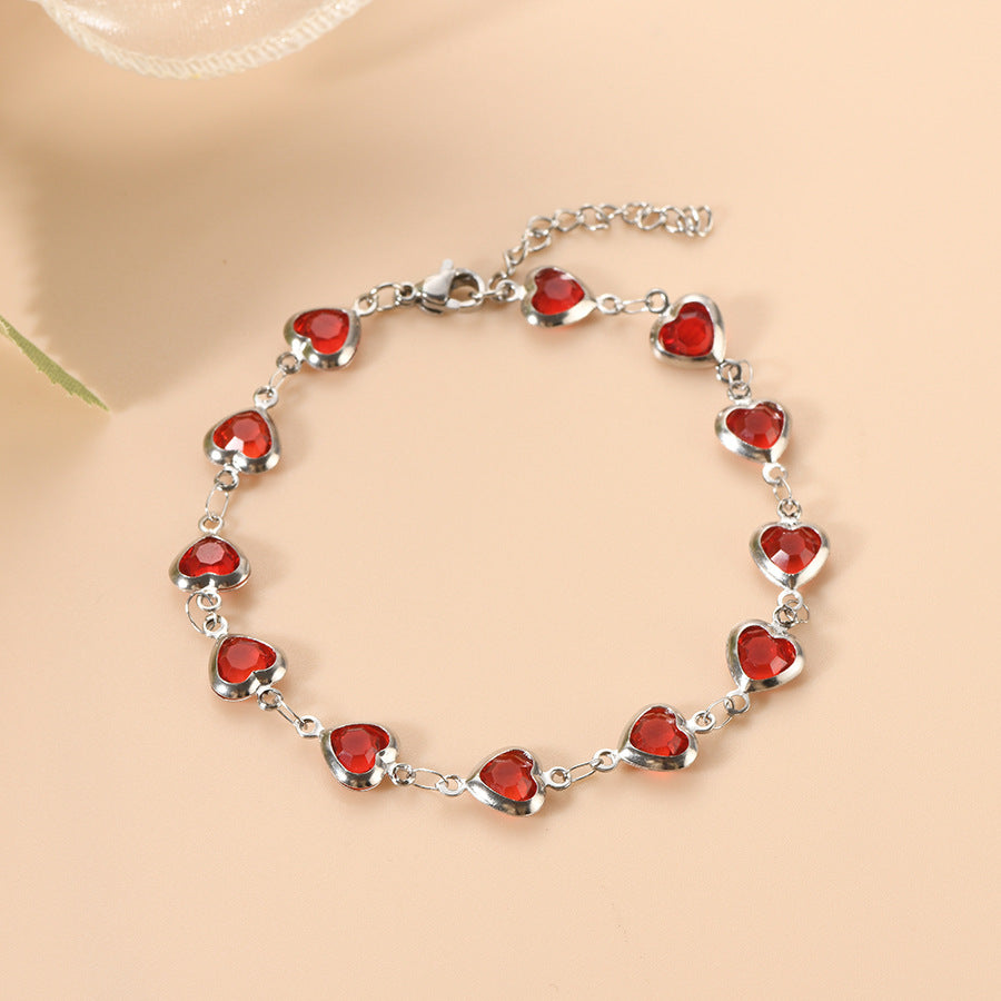 Silver Ruby Heart Link Bracelet