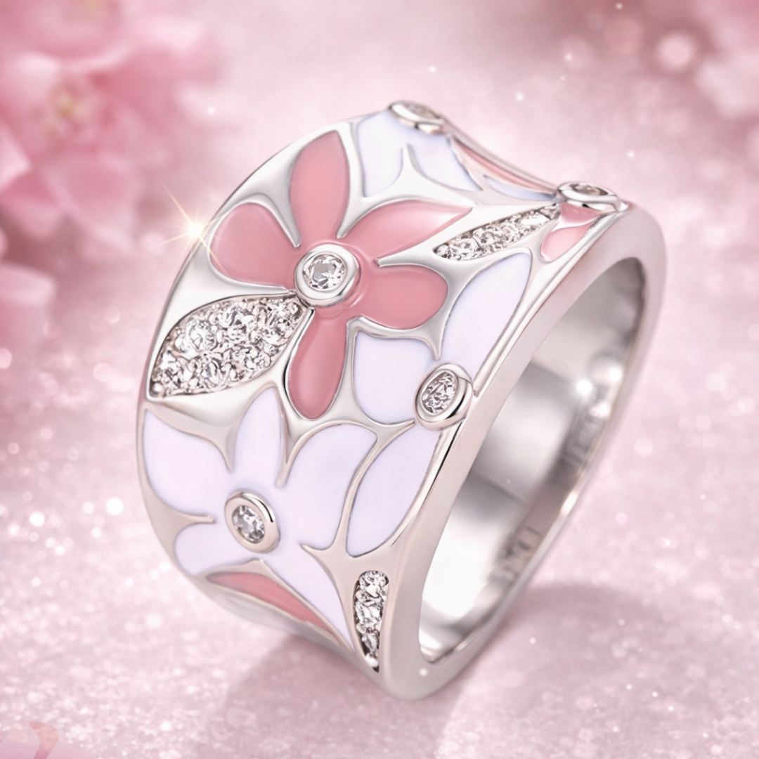 Vintage Silver Ring Featuring Pink Floral Motif