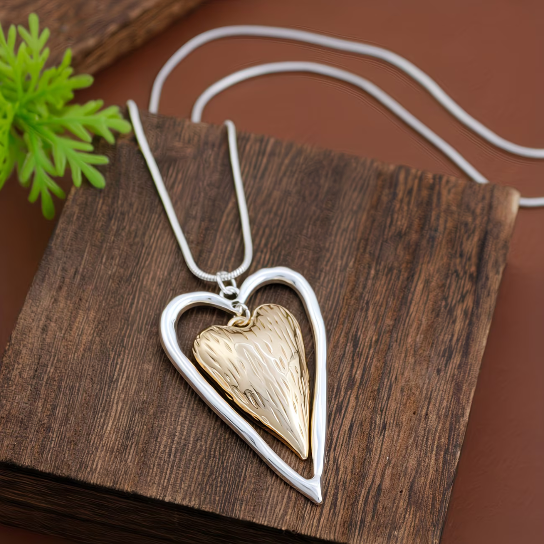 Vintage Silver and Matte Gold Heart Pendant Necklace