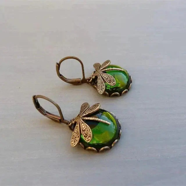 Vintage-Inspired Gold Round Dragonfly Earrings