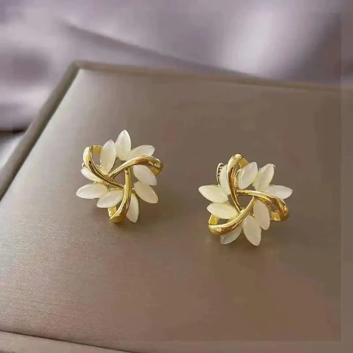 White Opal Earrings with Floral Design