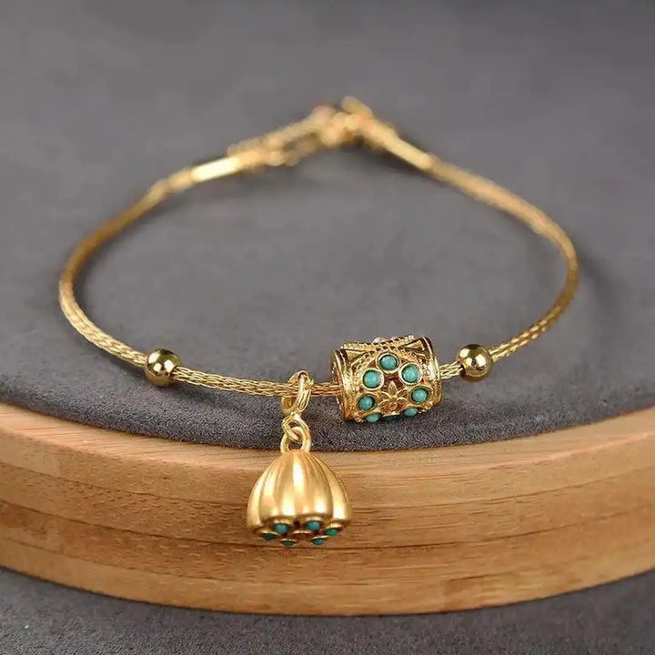 Antique Gold and Turquoise Lotus Cuff Bracelet