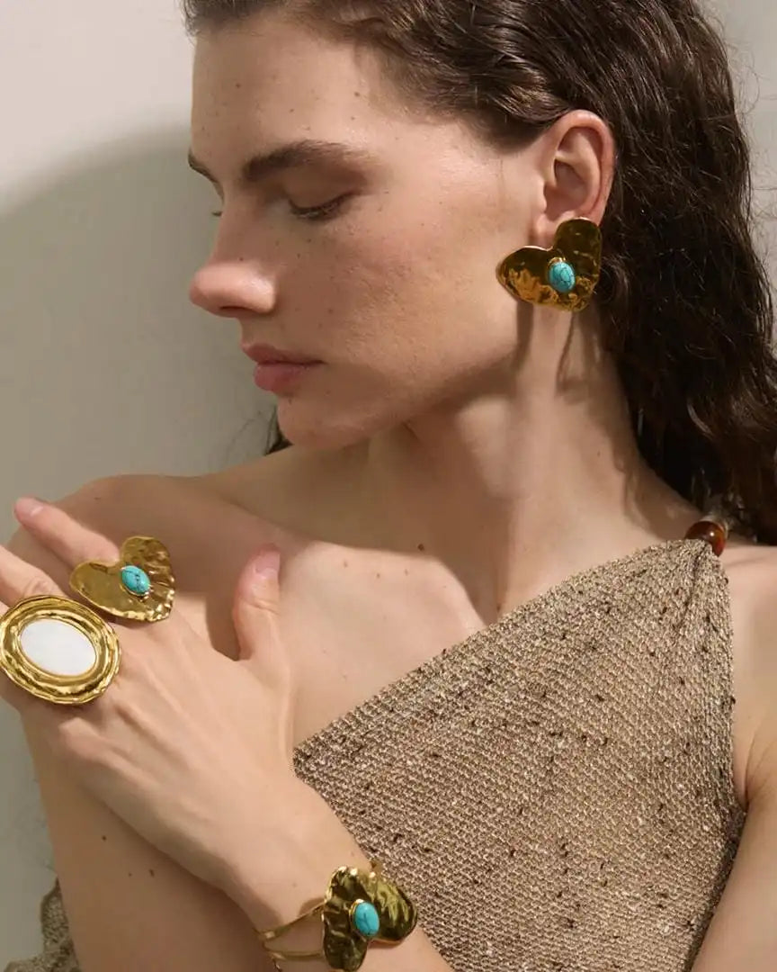 Vintage Gold-Trimmed Turquoise Heart Jewelry Collection: Earrings, Ring & Bracelet