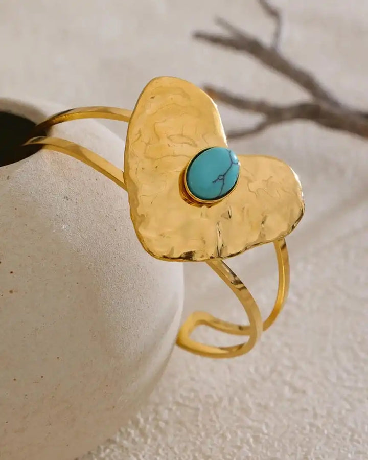 Vintage Gold-Trimmed Turquoise Heart Jewelry Collection: Earrings, Ring & Bracelet