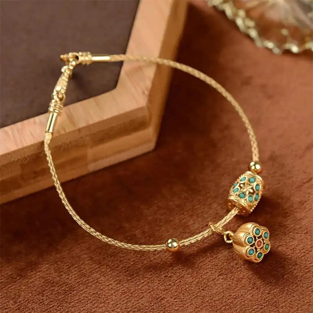 Antique Gold and Turquoise Lotus Cuff Bracelet