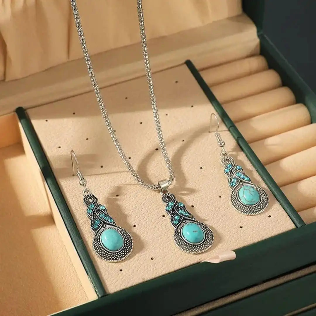 Vintage Turquoise Pendant Necklace and Earring Duo