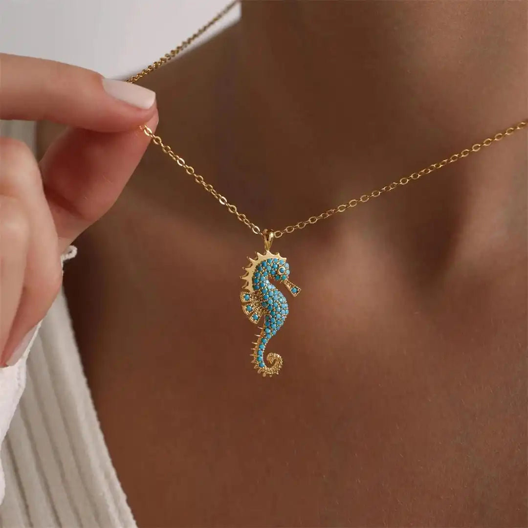 Turquoise Necklace with Gold Seahorse Pendant