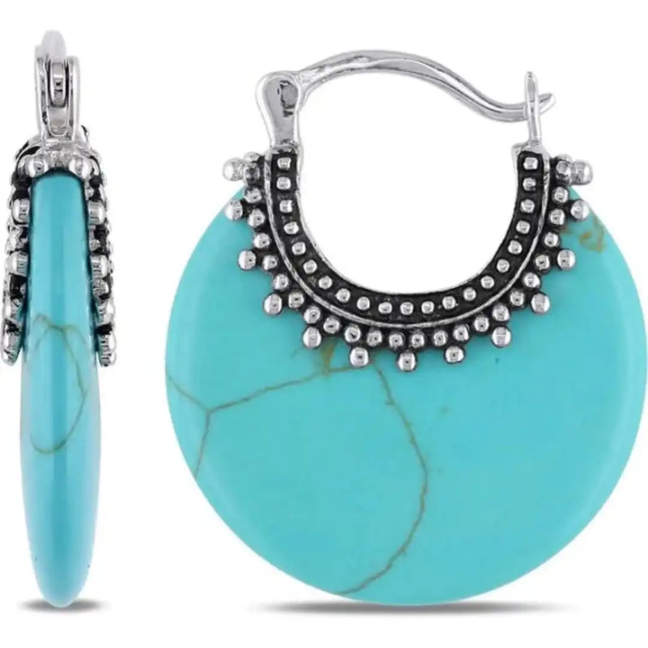 Silver Hoop Earrings with Turquoise Stones
