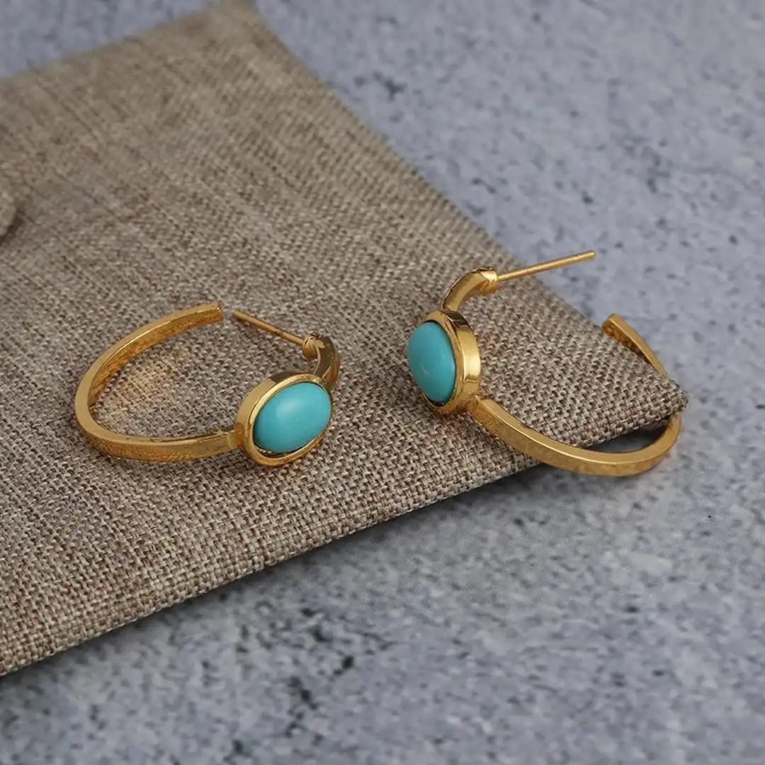 Turquoise and Gold Oval Hoop Earrings