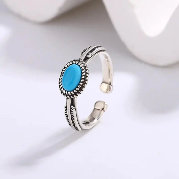 Adjustable Silver Band Turquoise Feather Ring