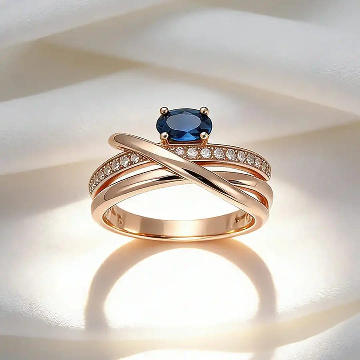 Vintage Rose Gold Cross Ring Featuring Blue Cubic Zirconia