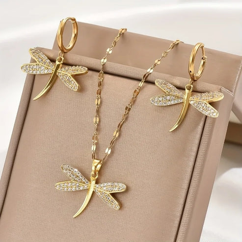 Gold Dragonfly Necklace Set with Complimentary Earrings