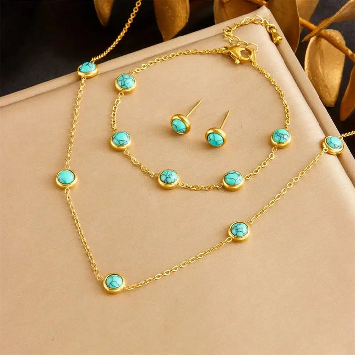 Bohemian-Inspired Silver Jewelry Collection Featuring Turquoise Necklace, Earrings, and Bracelet