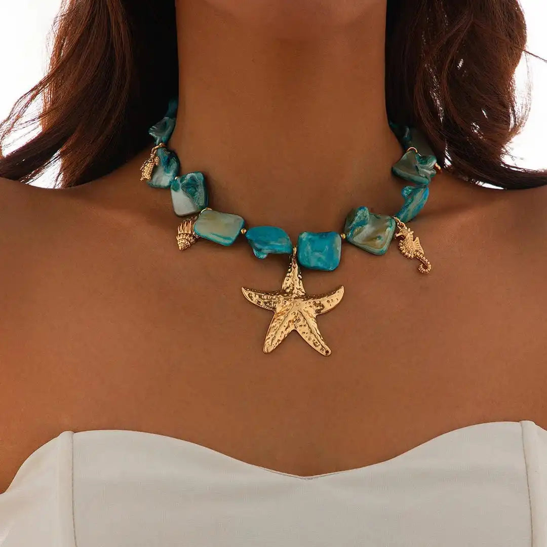 Bohemian Starfish Pendant Necklace with Gemstone Details