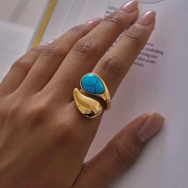 Gold Adjustable Tear Drop Ring with Turquoise Accent