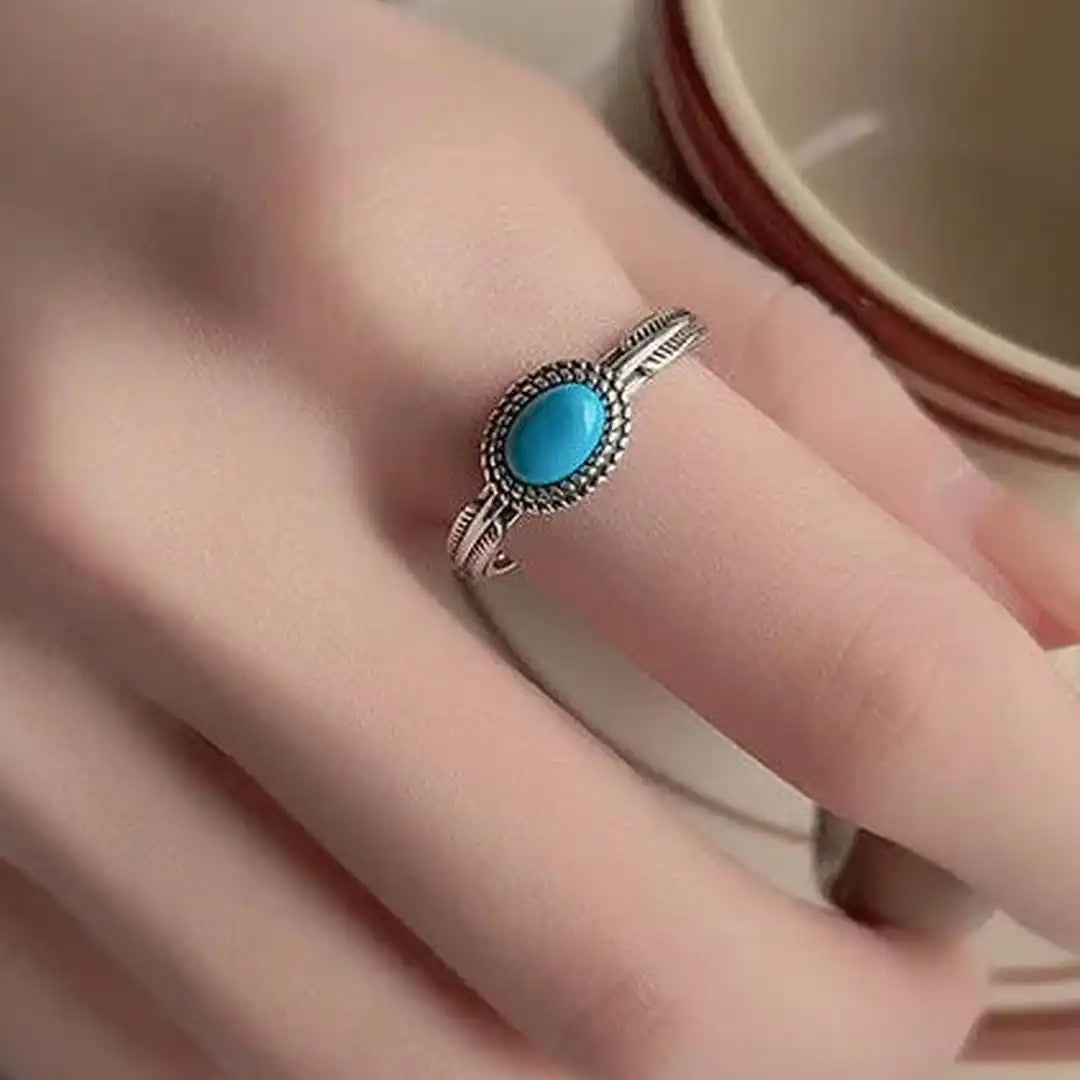 Adjustable Silver Band Turquoise Feather Ring