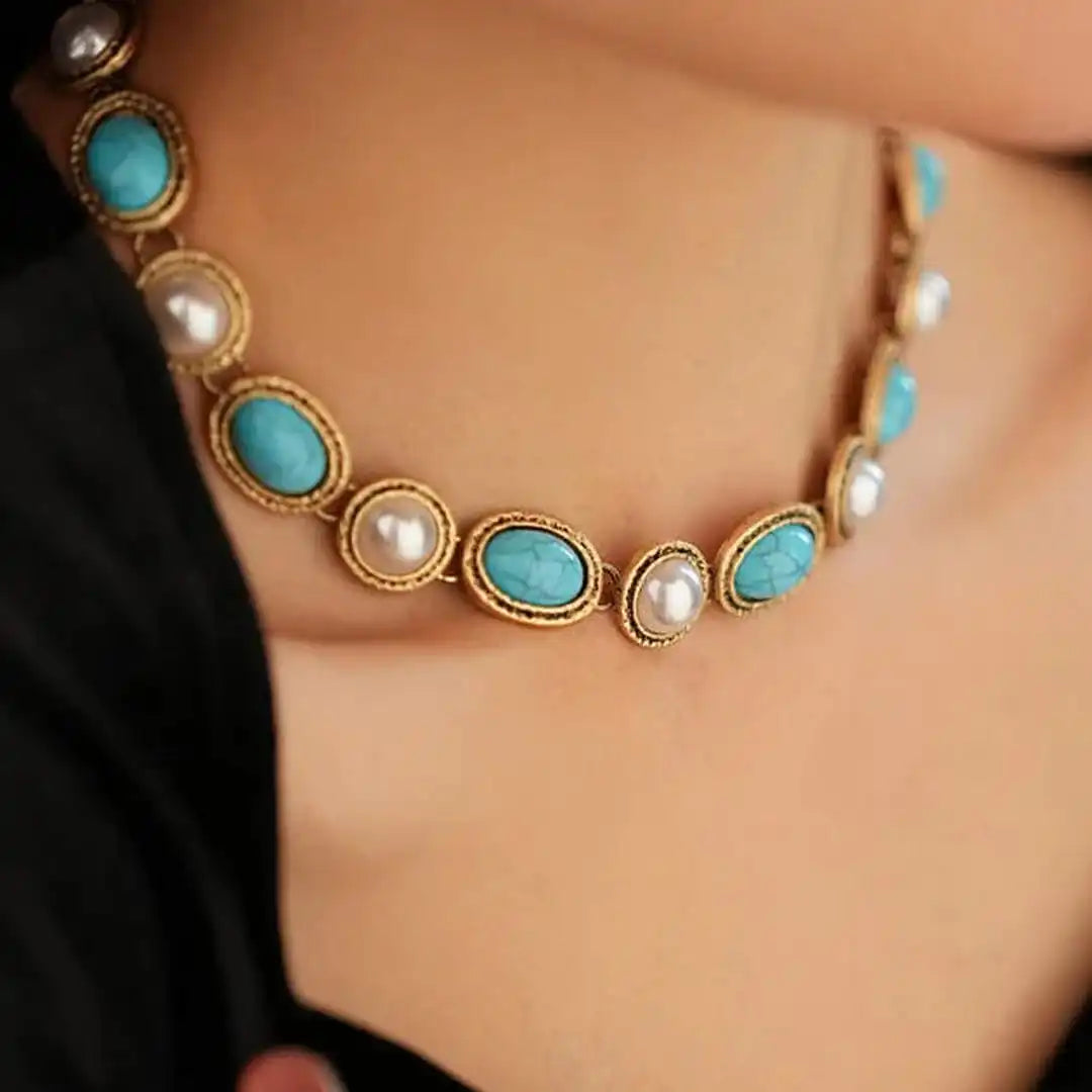 Turquoise and Pearl Retro Gold Statement Jewelry Collection