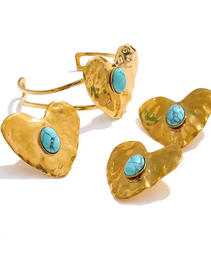 Vintage Gold-Trimmed Turquoise Heart Jewelry Collection: Earrings, Ring & Bracelet
