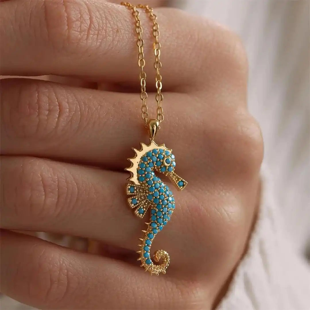 Turquoise Necklace with Gold Seahorse Pendant