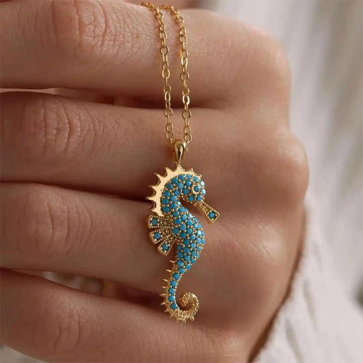 Turquoise Necklace with Gold Seahorse Pendant