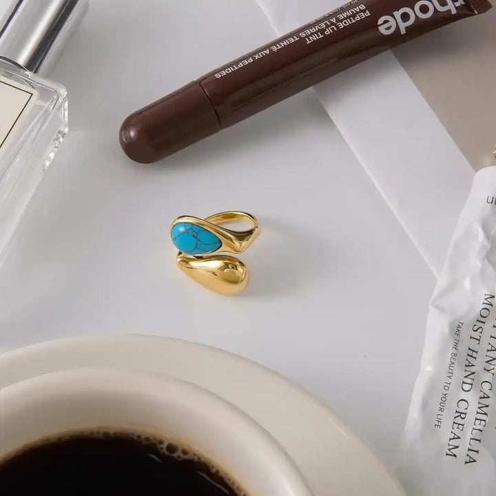 Gold Adjustable Teardrop Ring in Turquoise