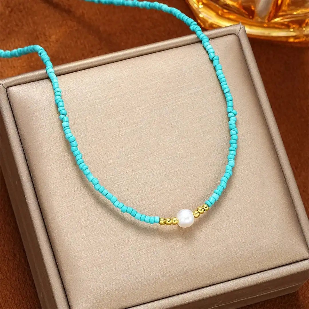 Turquoise Beaded Necklace Adorned with Baroque Pearls