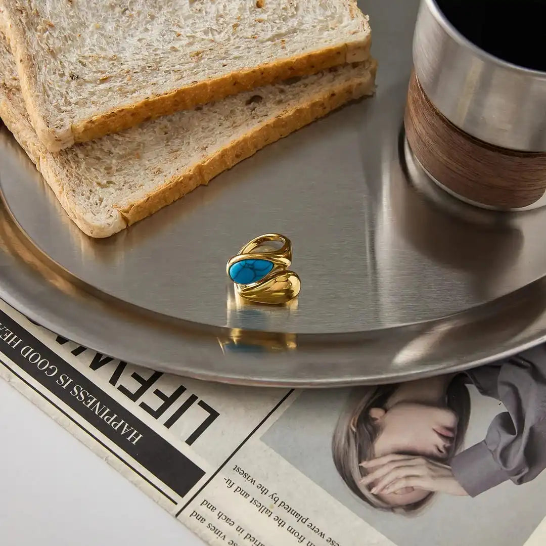 Gold Adjustable Teardrop Ring in Turquoise