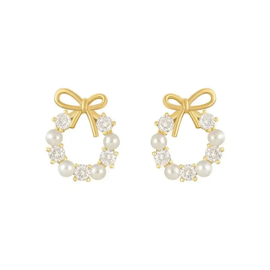 Pearl Bow Round Stud Earrings
