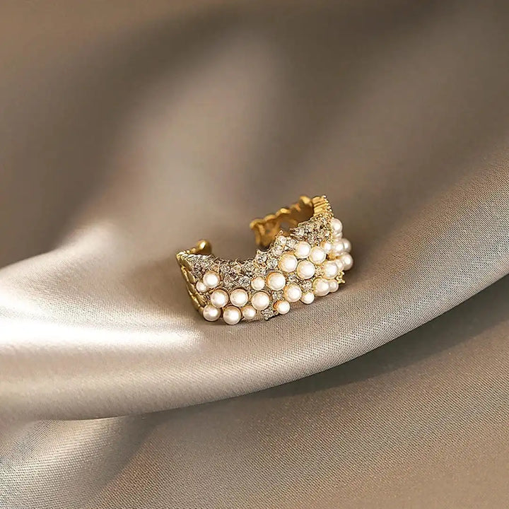 Vintage Adjustable Ring with Pearls and Zirconia