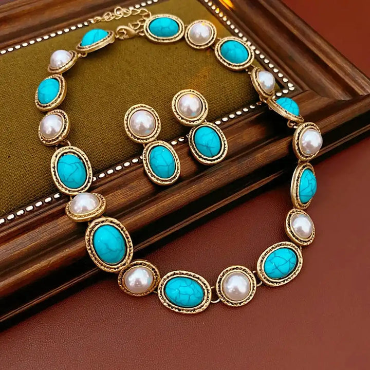 Turquoise and Pearl Retro Gold Statement Jewelry Collection