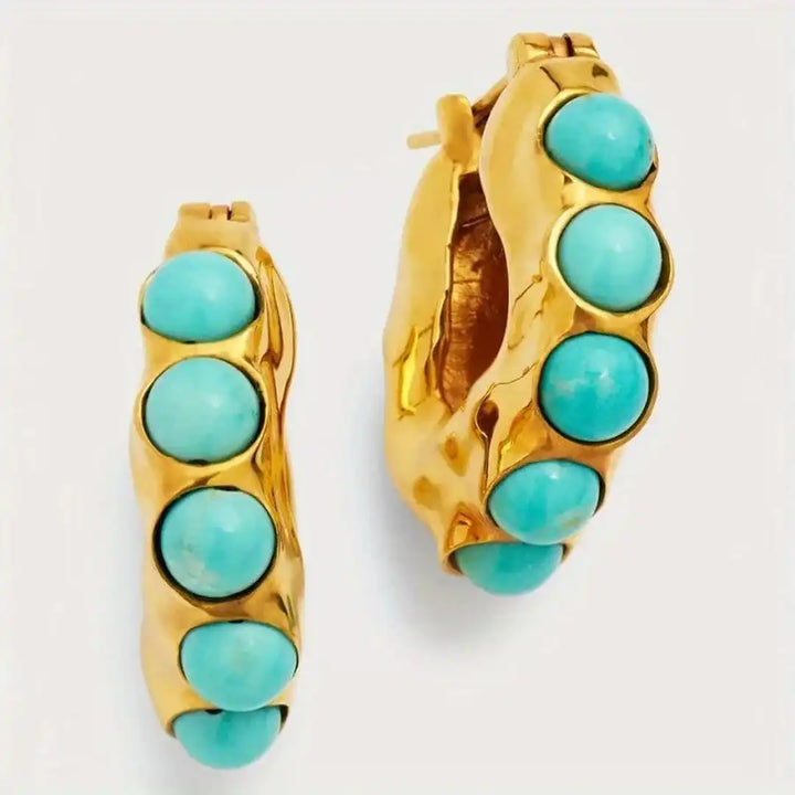 Eye-Catching Carved Hoop Earrings with Turquoise Stone