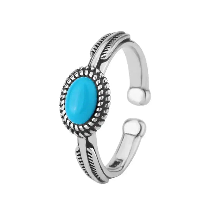 Adjustable Silver Band Turquoise Feather Ring