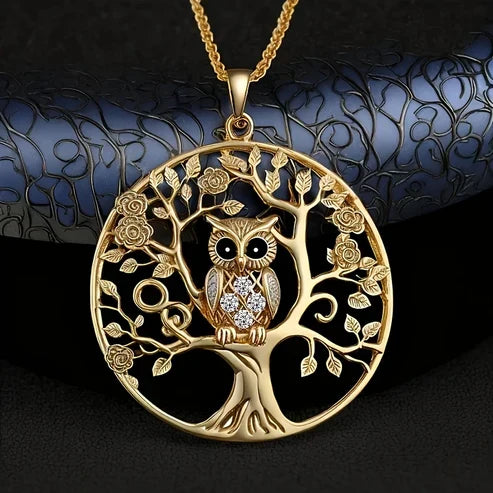 Golden Owl Life Tree Pendant Necklace